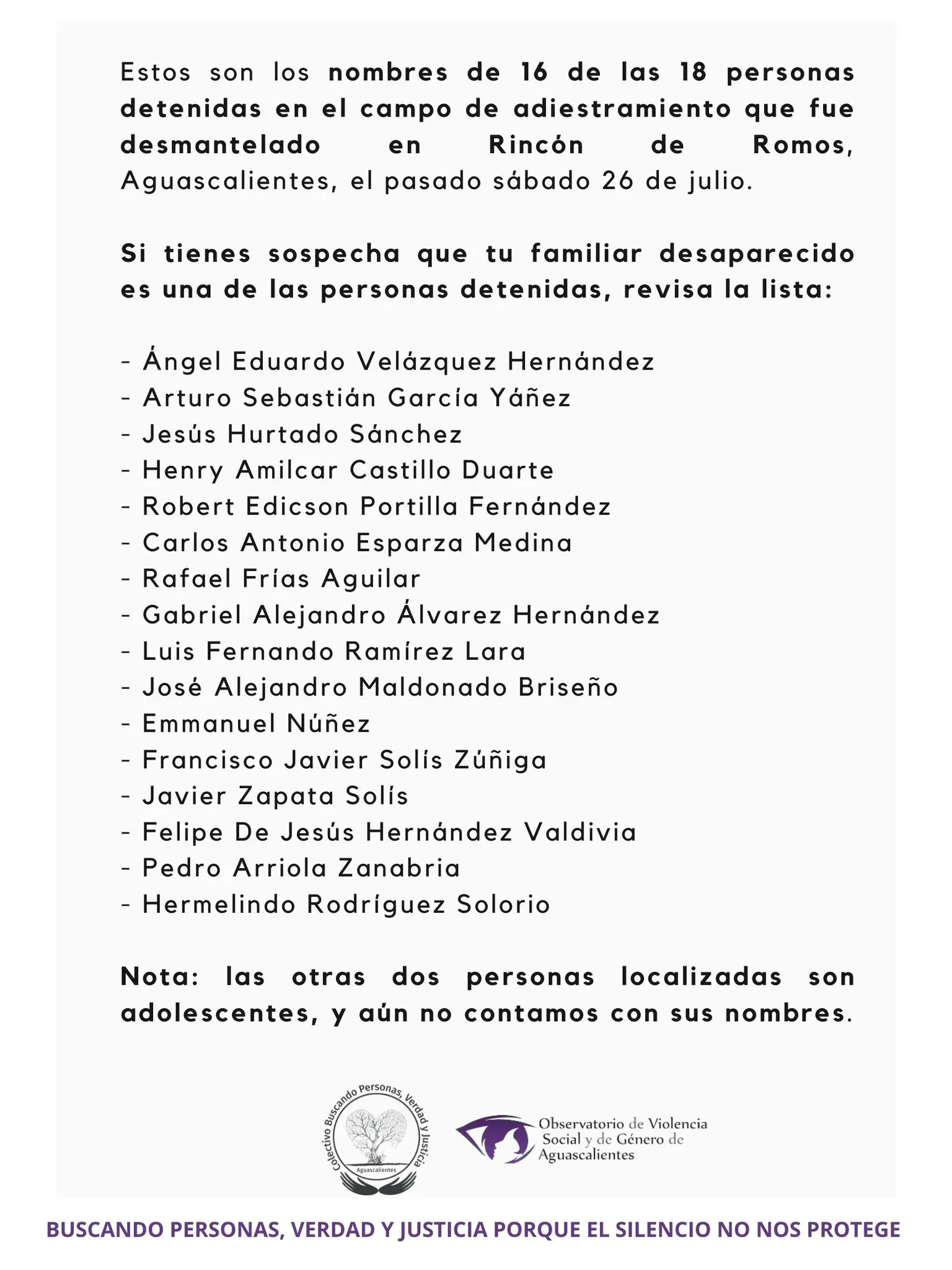 Lista de detenidos dada a conocer por el Observatorio de Violencia Social y de Género
