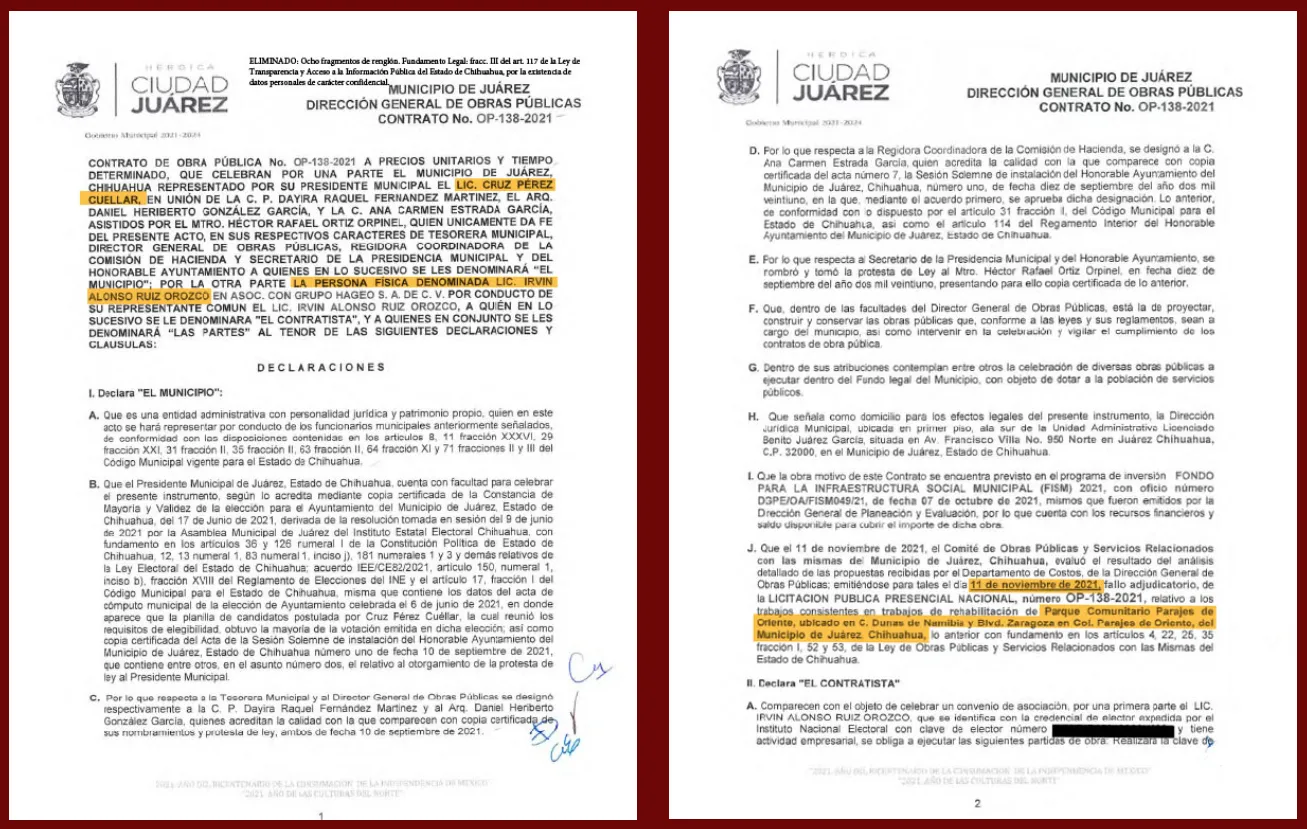 El primer contrato que el gobierno de Cruz Pérez Cuéllar otorgó a Irvin Alonso Ruiz Orozco, por más de 1.8 millones de pesos para la rehabilitación del parque comunitario Parajes de Oriente, en noviembre de 2021.