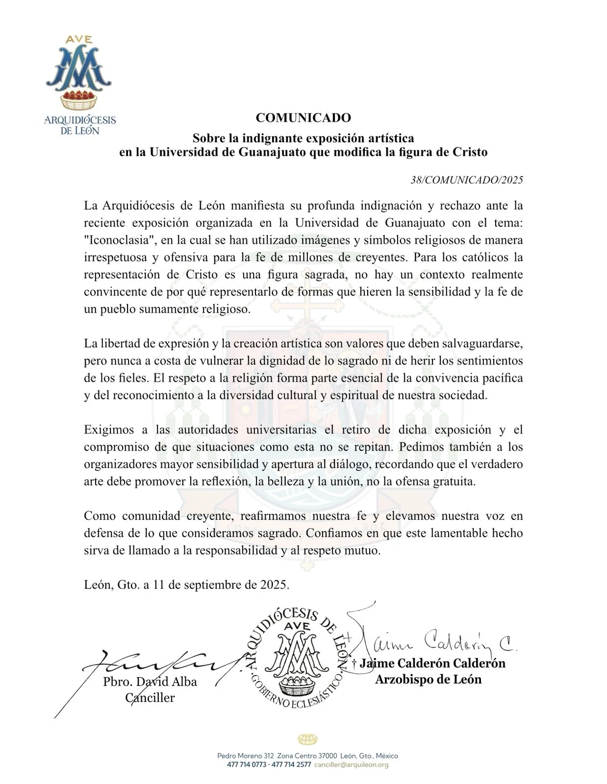 Comunicado Iconoclasia de la Arquidiócesis