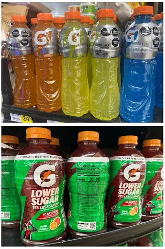 Arriba, etiquetado de Gatorade en México por exceso de calorías, sodio y azúcares. Abajo, la misma marca en Estados Unidos. (Fotos: Especial)