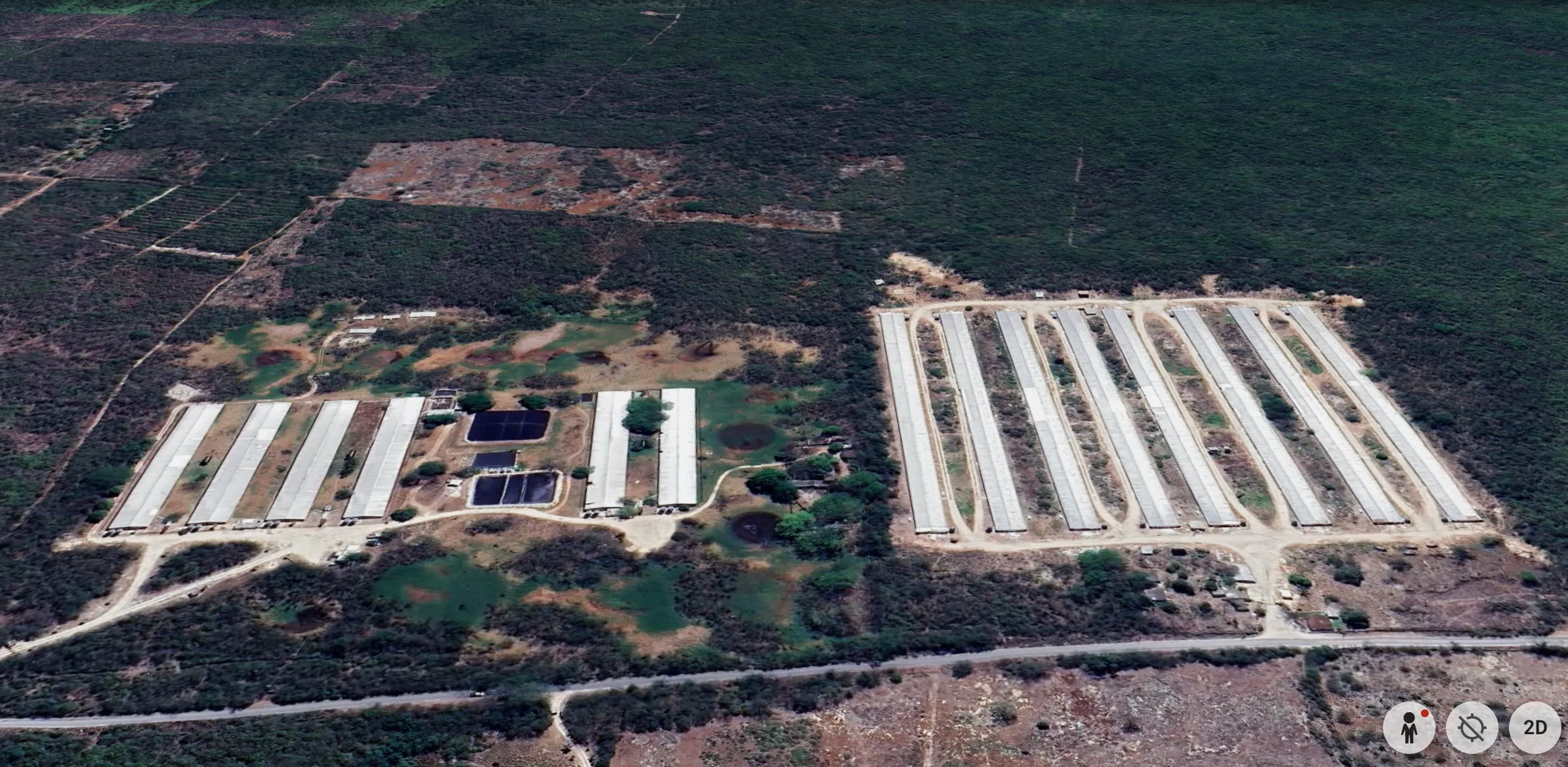 Imagen satelital de una granja porcícola de 14 naves, situada a un kilómetro de la cabecera municipal de Yaxkukul, en el sudoriental estado de Yucatán.