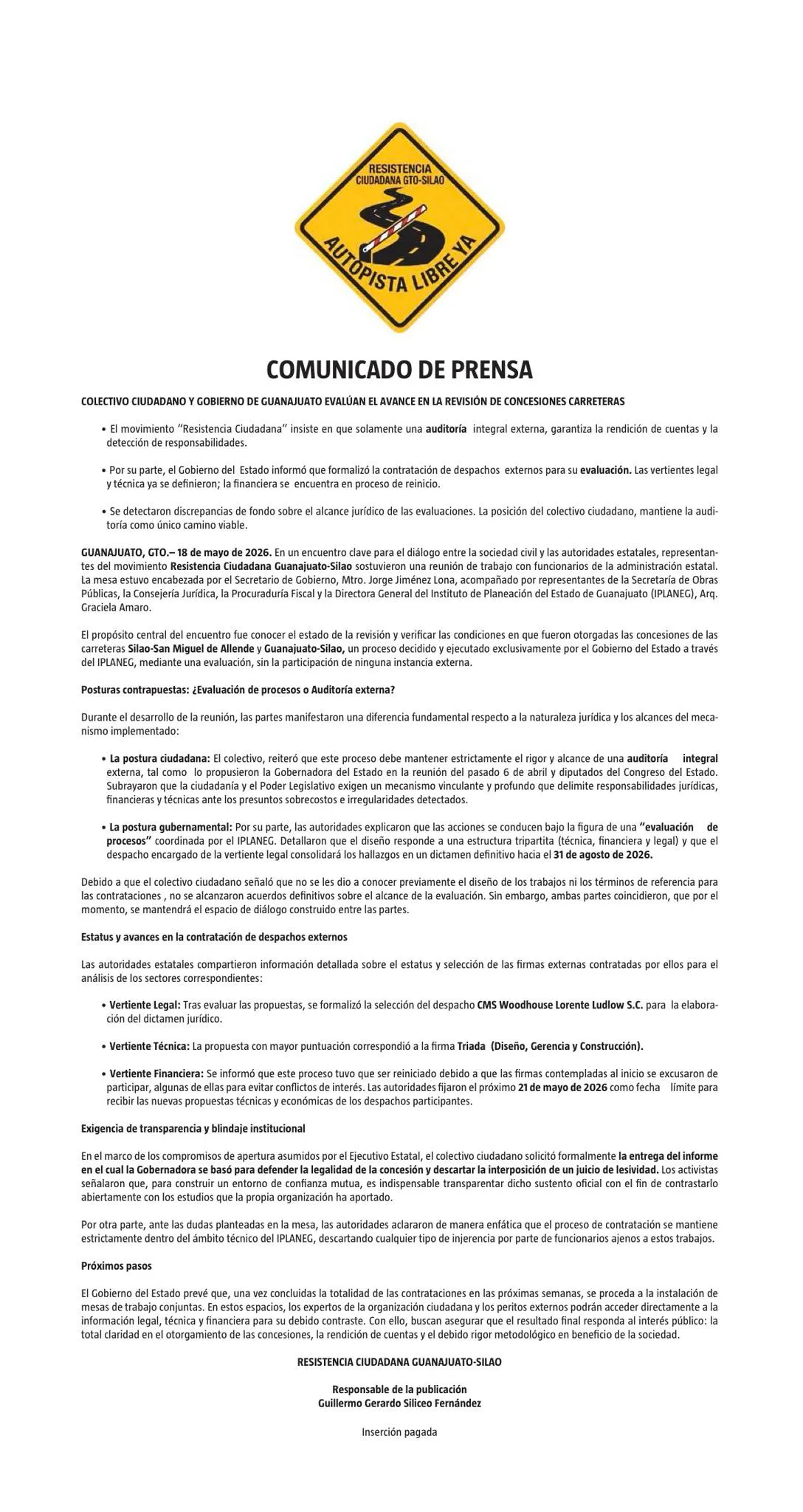 Comunicado resistencia ciudadana