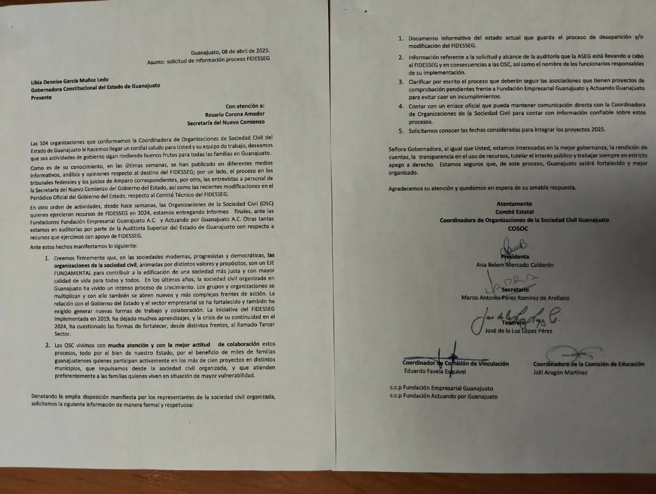 Carta de la COSOC dirigida a la gobernadora, Libia García, y a la secretaria del Nuevo Comienzo, Rosario Corona Amador. Foto: Cortesía