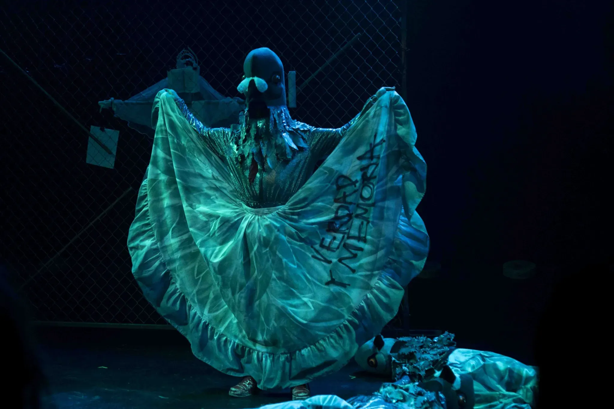 Una de las botargas de paloma porta una falda que tiene escrita la leyenda “verdad y memoria” Foto: Sthefany Canales