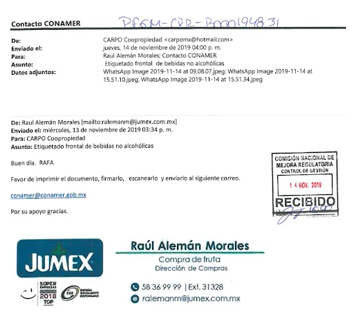 Jumex pidió a través de correos electrónicos mandar observaciones y quejas a la CONAMER. (Foto: CONAMER vía Transparencia)